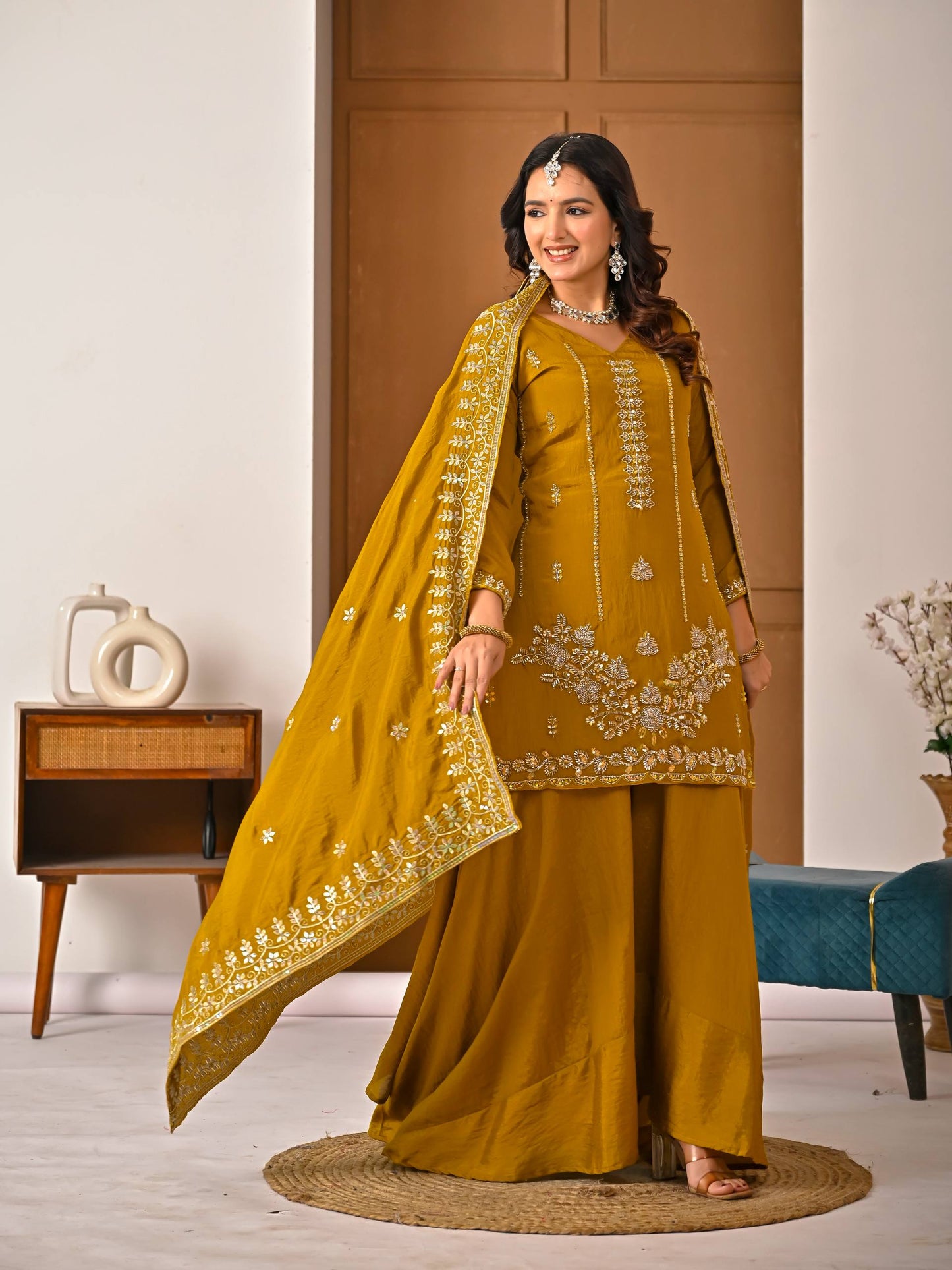 Ceremony Wear Yellow Vichitra Silk With Handwork Sharara Suit