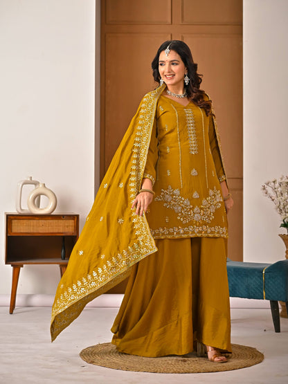 Ceremony Wear Yellow Vichitra Silk With Handwork Sharara Suit