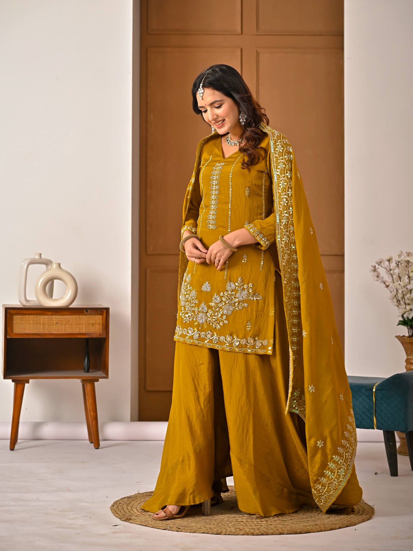 Ceremony Wear Yellow Vichitra Silk With Handwork Sharara Suit