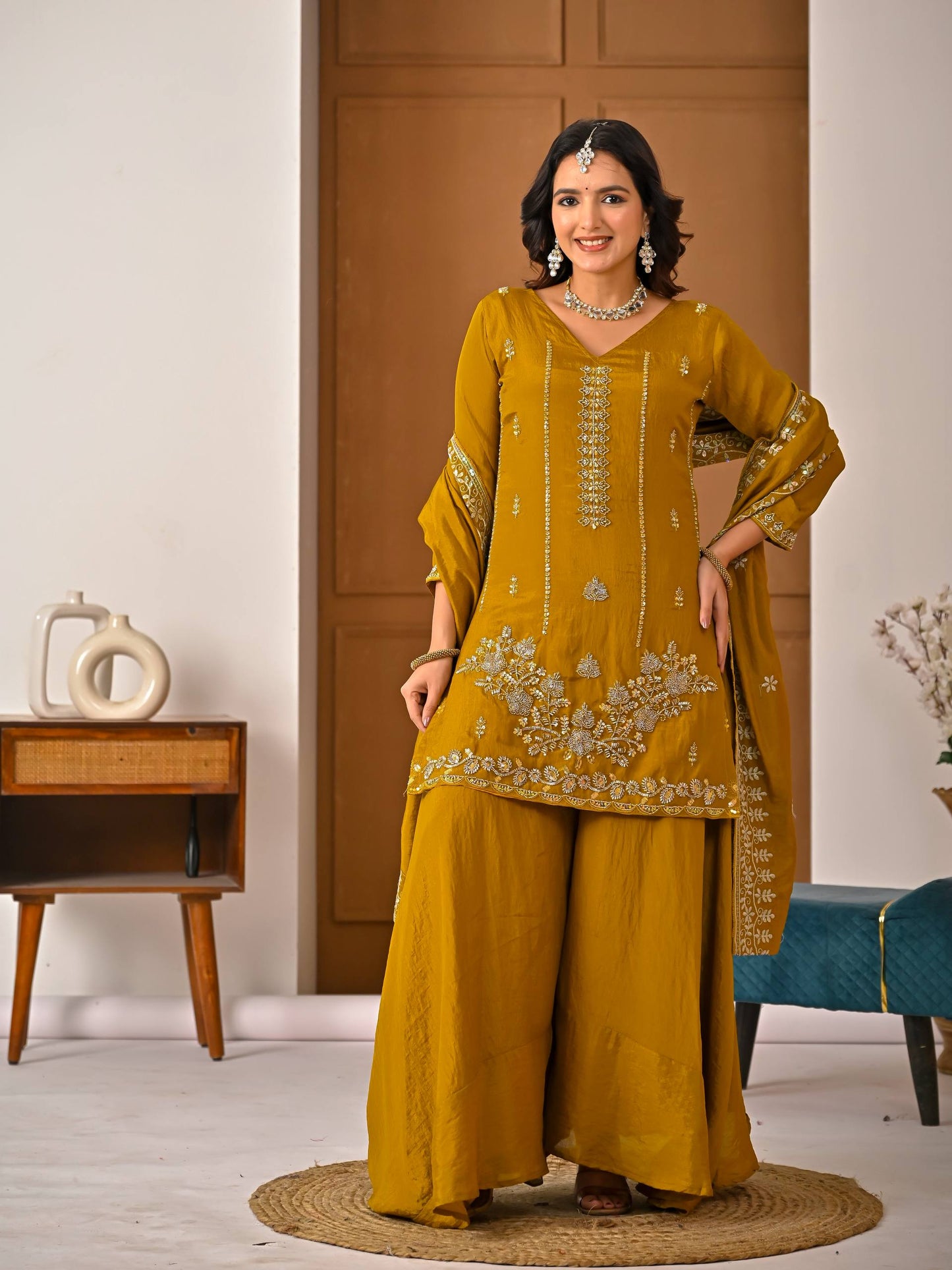 Ceremony Wear Yellow Vichitra Silk With Handwork Sharara Suit