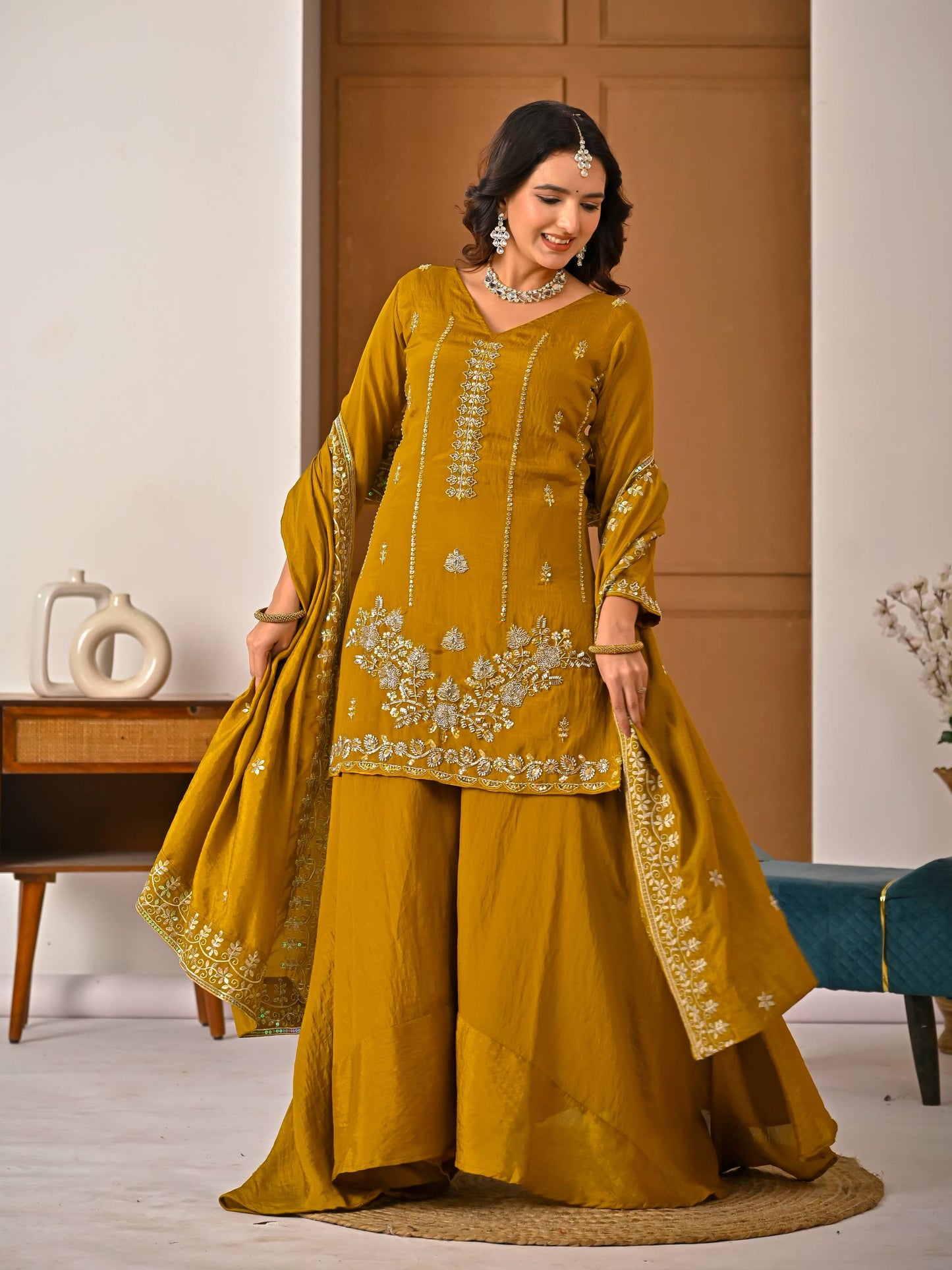 Ceremony Wear Yellow Vichitra Silk With Handwork Sharara Suit
