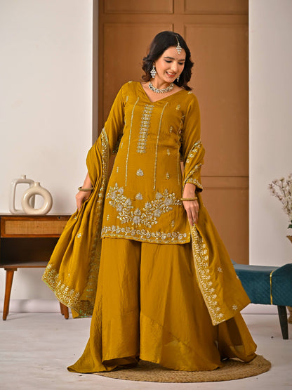 Ceremony Wear Yellow Vichitra Silk With Handwork Sharara Suit