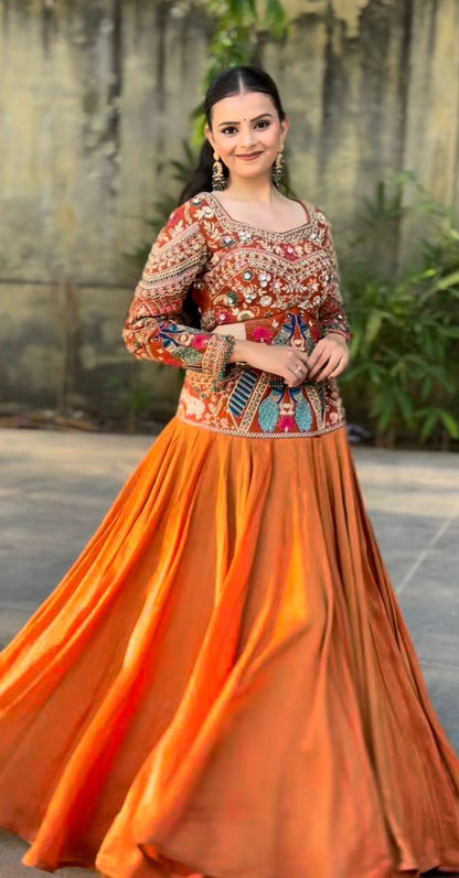 Traditional Orange Color Chinon Silk Lehenga Choli