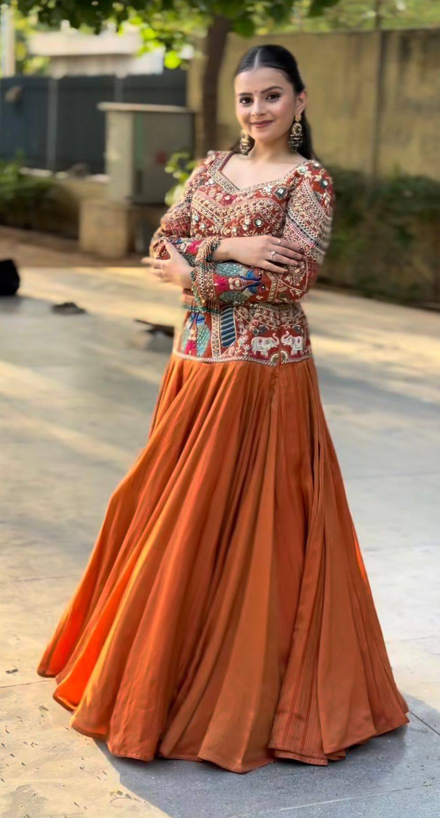 Traditional Orange Color Chinon Silk Lehenga Choli