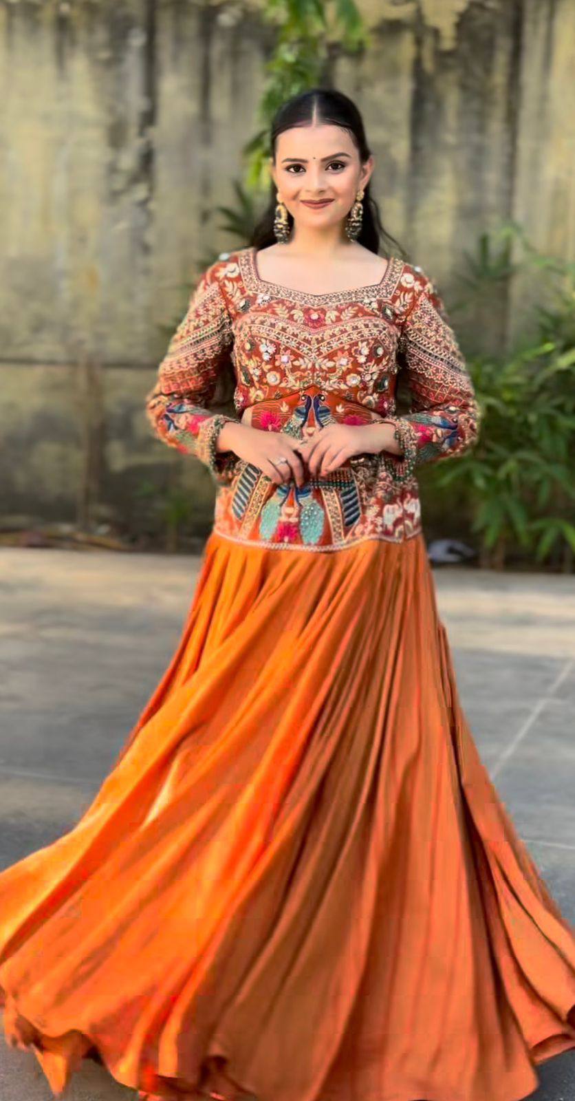 Traditional Orange Color Chinon Silk Lehenga Choli
