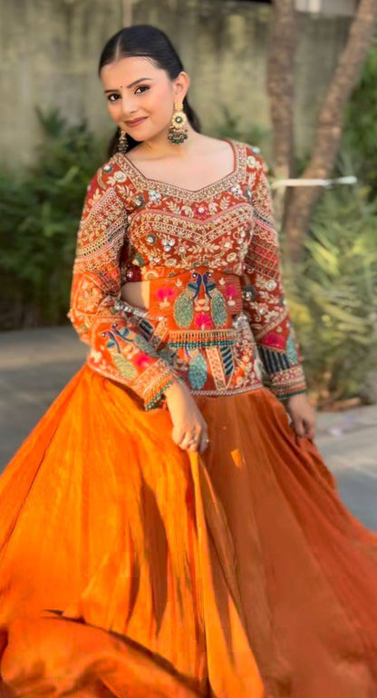 Traditional Orange Color Chinon Silk Lehenga Choli