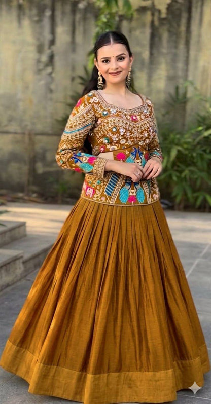 Traditional Mustard Color Chinon Silk Lehenga Choli