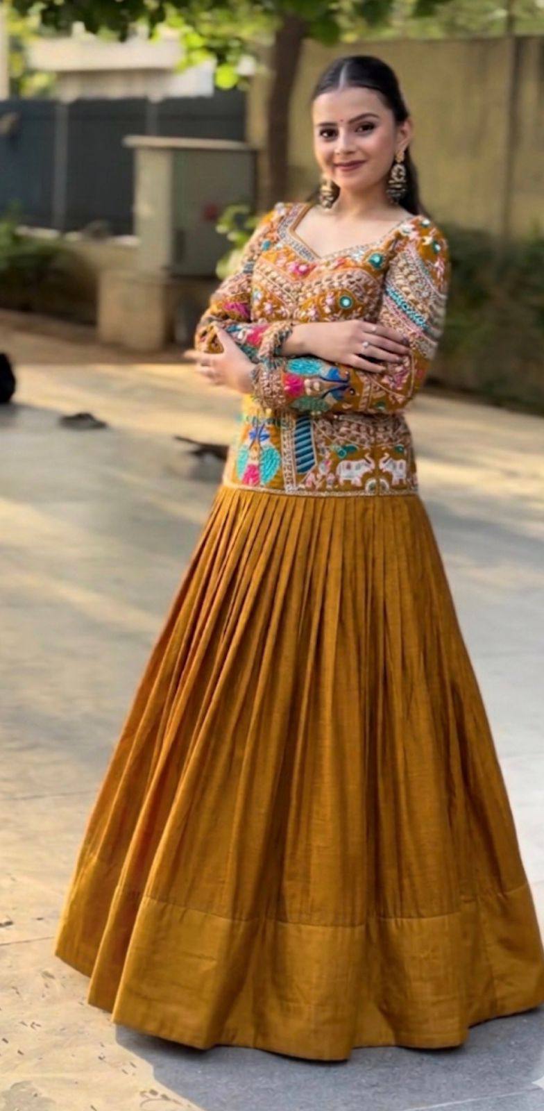 Traditional Mustard Color Chinon Silk Lehenga Choli