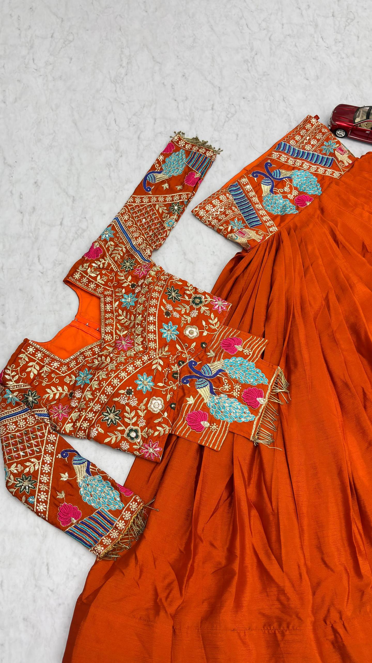 Traditional Orange Color Chinon Silk Lehenga Choli