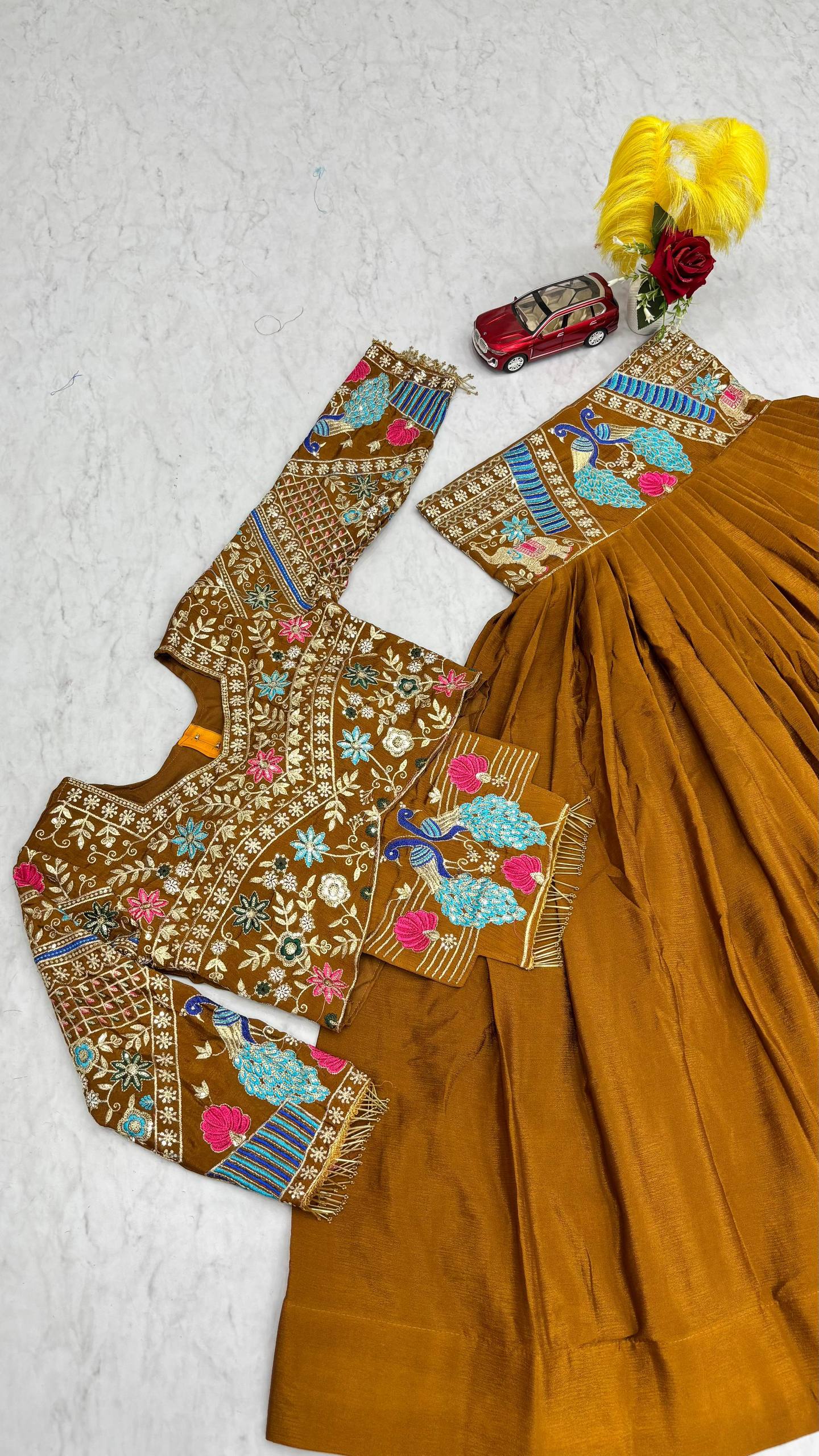 Traditional Mustard Color Chinon Silk Lehenga Choli