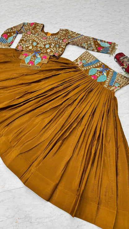 Traditional Mustard Color Chinon Silk Lehenga Choli