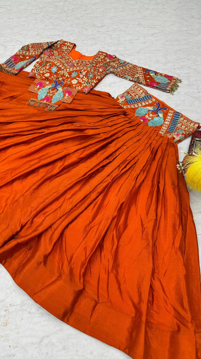 Traditional Orange Color Chinon Silk Lehenga Choli