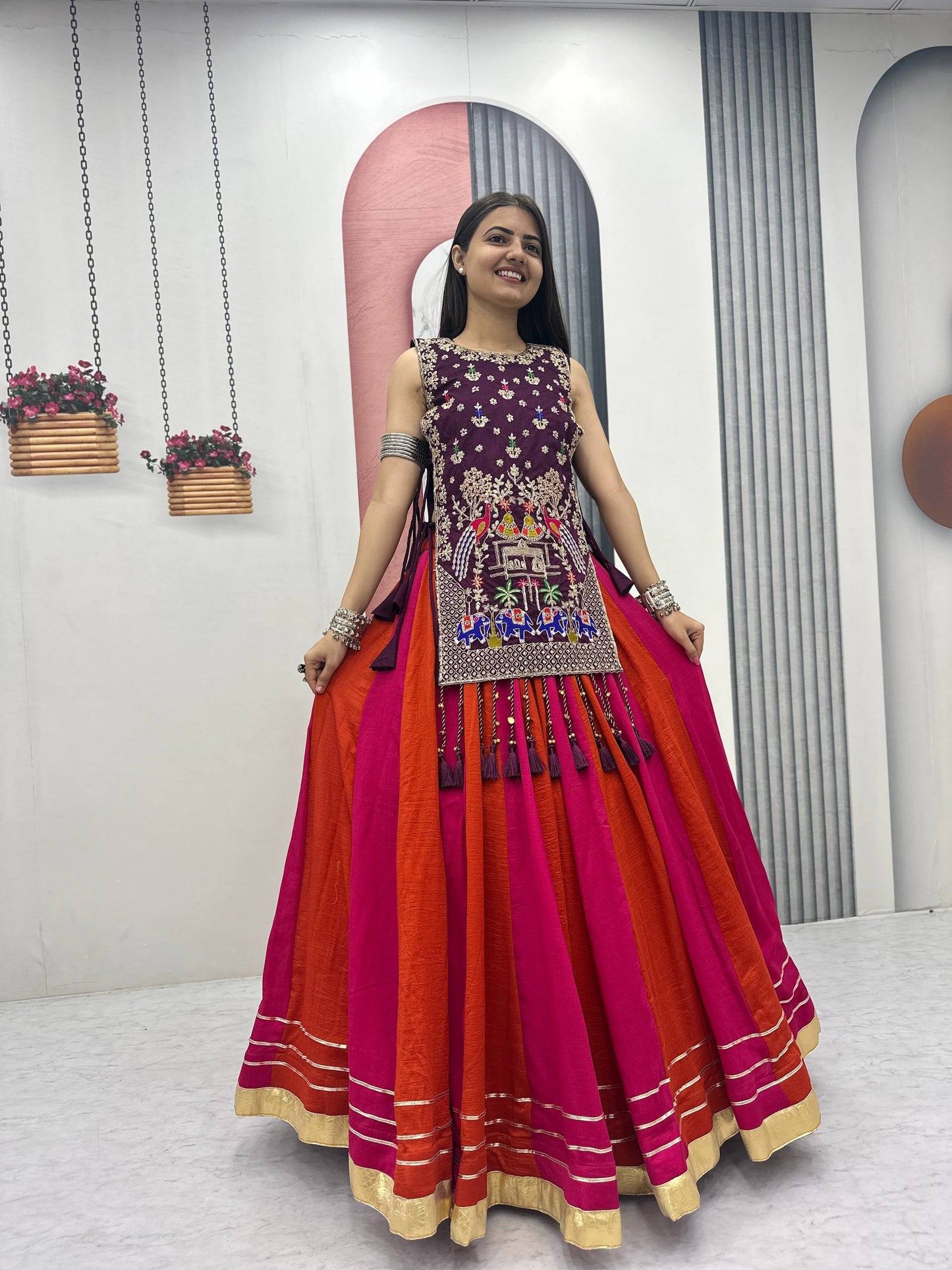 Tradtional Red Color Vichitra Silk Lehenga Set With Designer Shrug