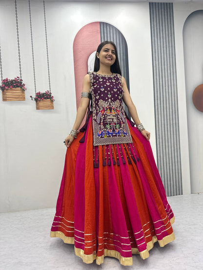 Tradtional Red Color Vichitra Silk Lehenga Set With Designer Shrug