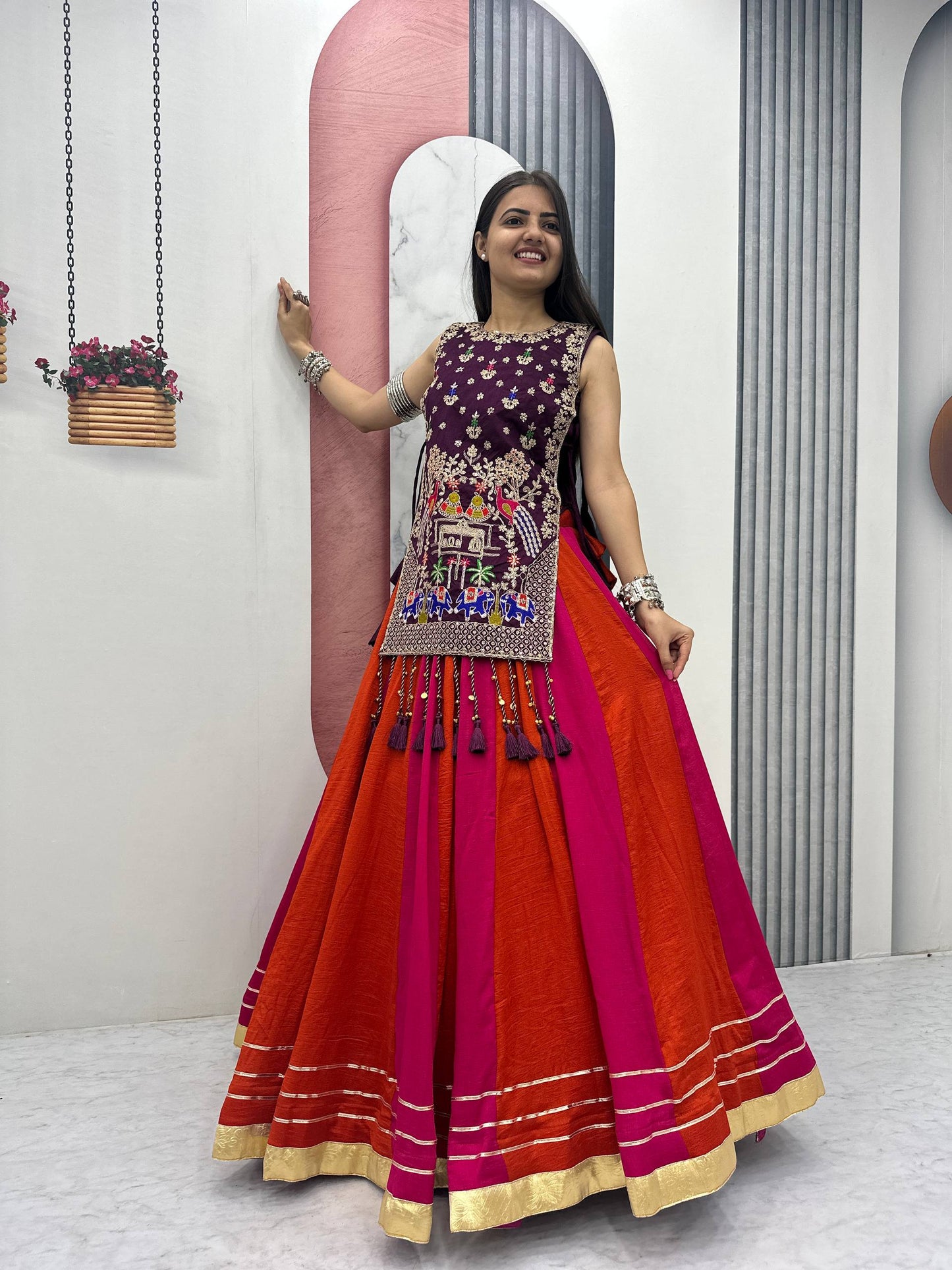 Tradtional Red Color Vichitra Silk Lehenga Set With Designer Shrug