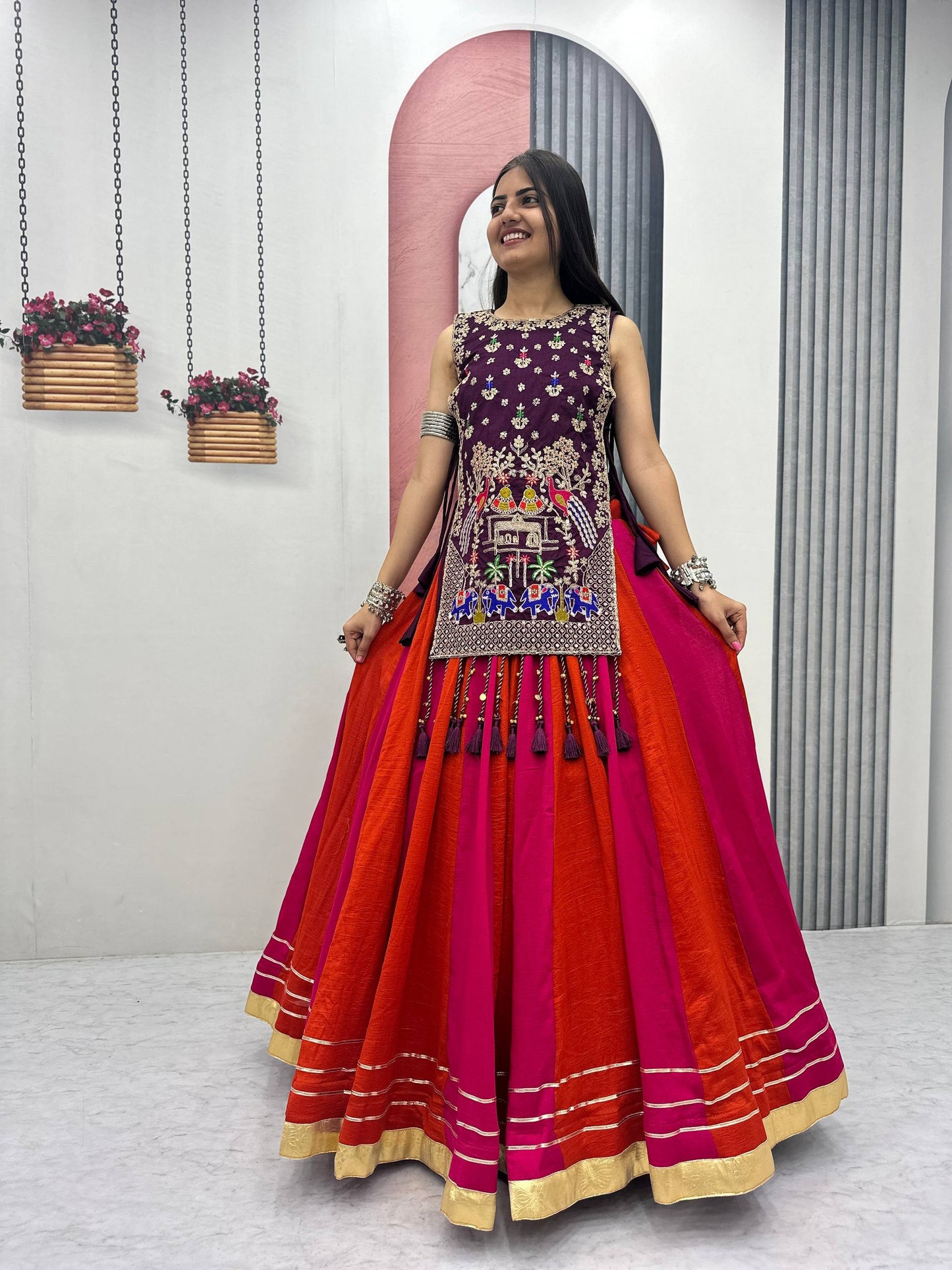 Tradtional Red Color Vichitra Silk Lehenga Set With Designer Shrug