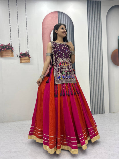 Tradtional Red Color Vichitra Silk Lehenga Set With Designer Shrug