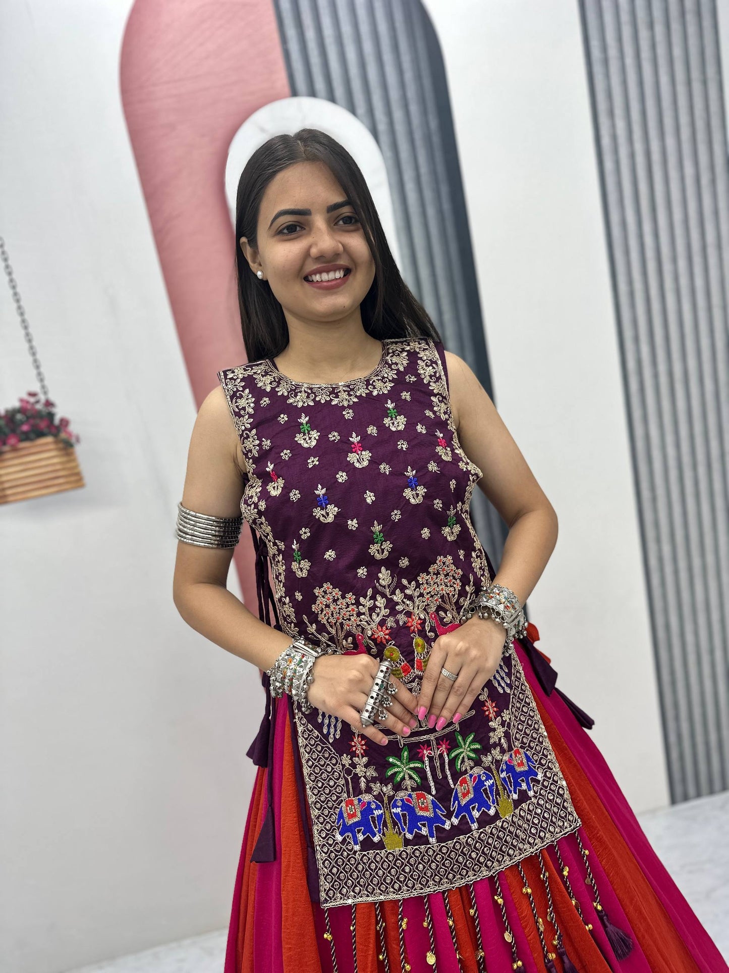 Tradtional Red Color Vichitra Silk Lehenga Set With Designer Shrug