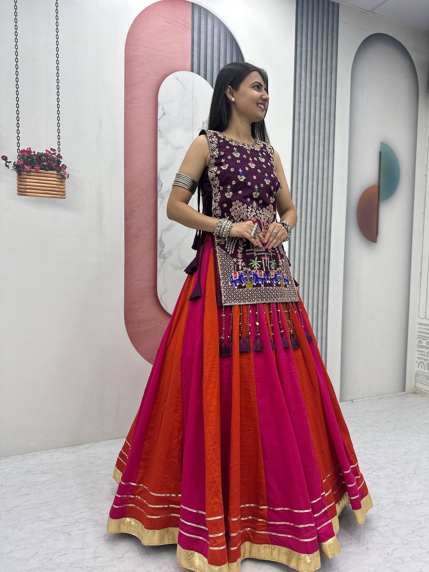 Tradtional Red Color Vichitra Silk Lehenga Set With Designer Shrug