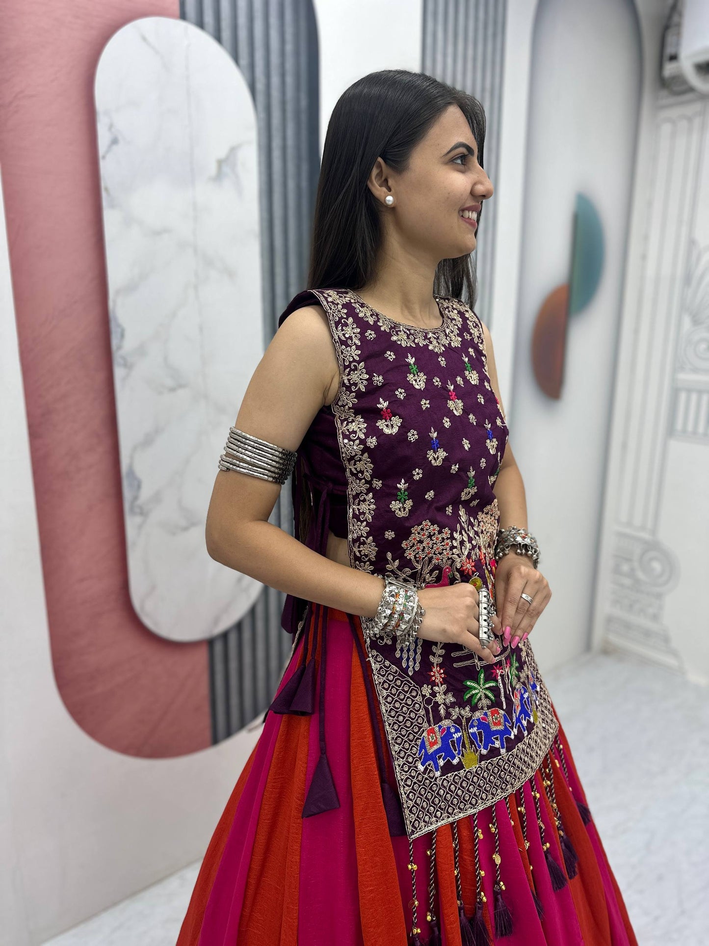 Tradtional Red Color Vichitra Silk Lehenga Set With Designer Shrug