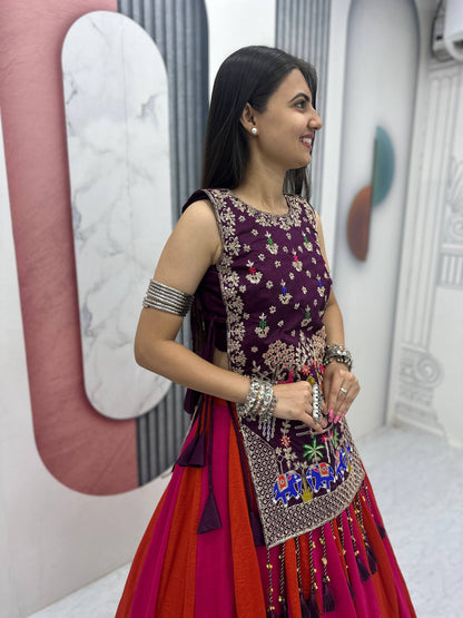 Tradtional Red Color Vichitra Silk Lehenga Set With Designer Shrug