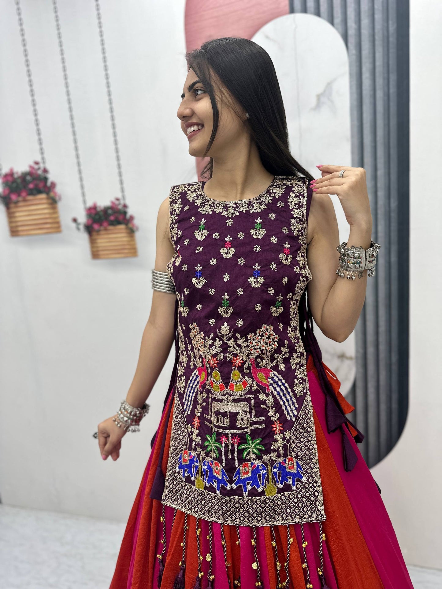 Tradtional Red Color Vichitra Silk Lehenga Set With Designer Shrug
