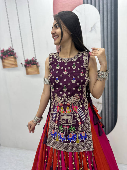 Tradtional Red Color Vichitra Silk Lehenga Set With Designer Shrug