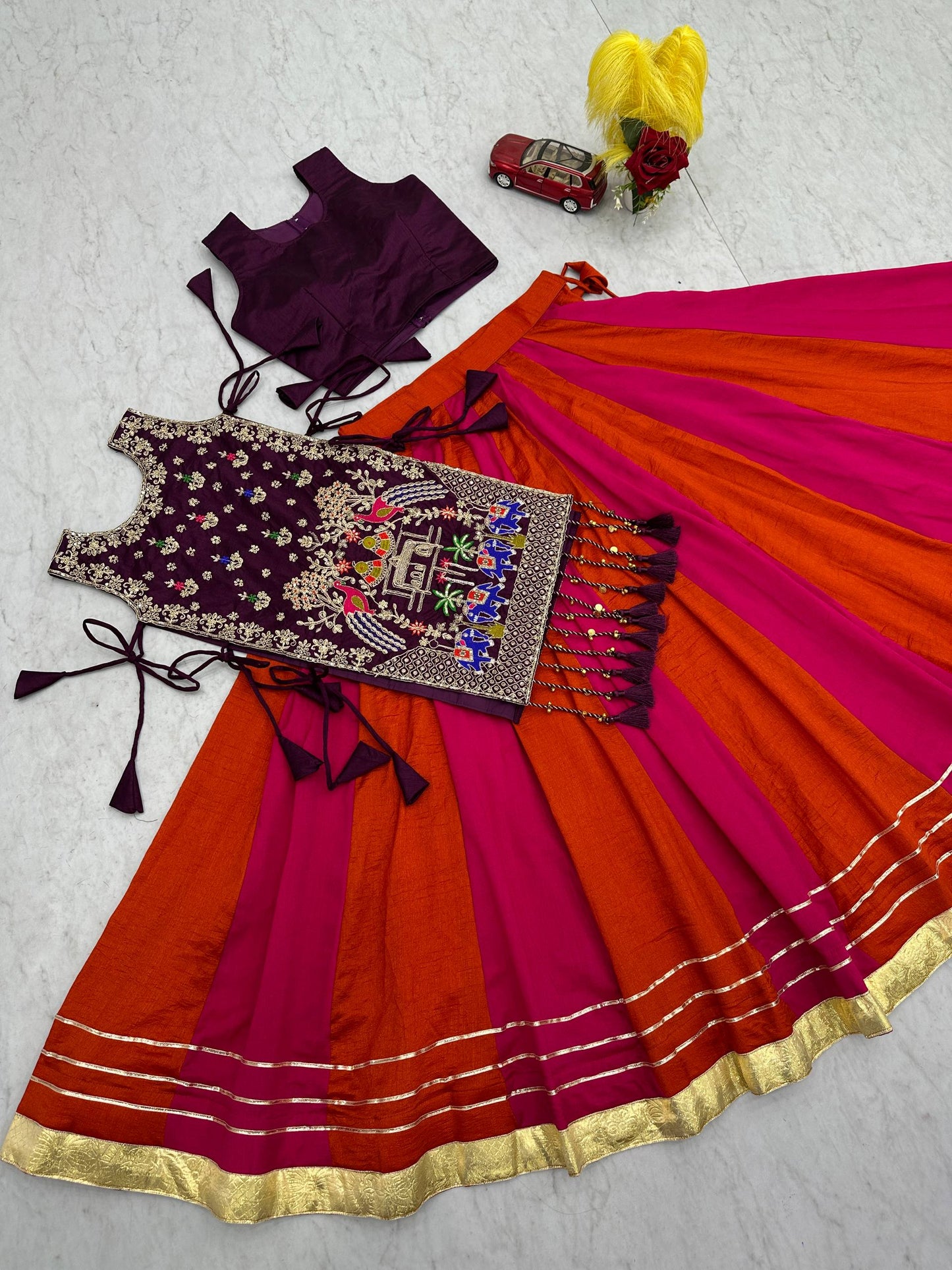 Tradtional Red Color Vichitra Silk Lehenga Set With Designer Shrug