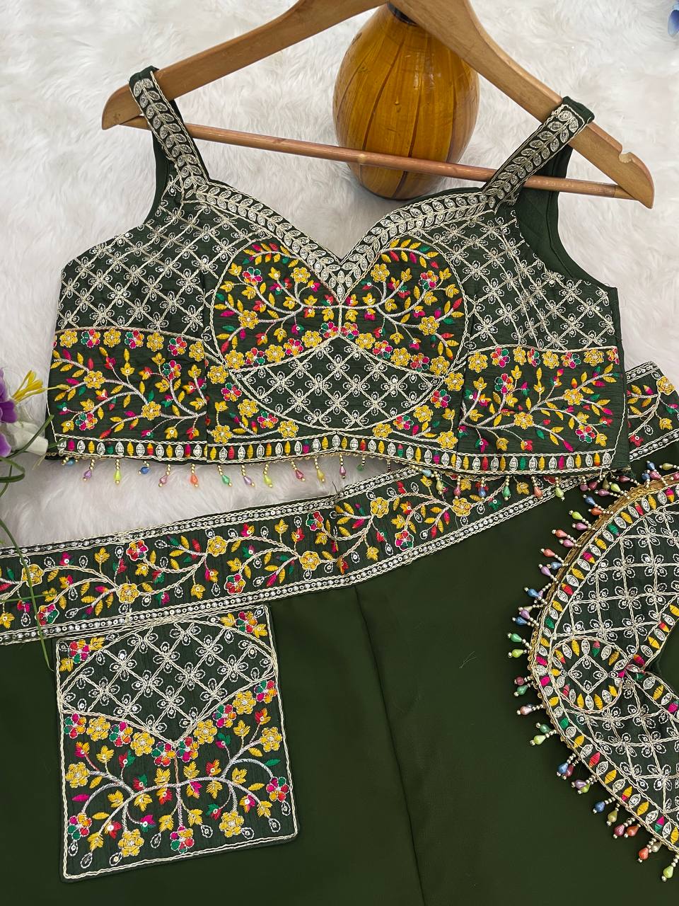 Designer Green Color Georgette With Embroidery Sequins Thread Work Lehenga Choli
