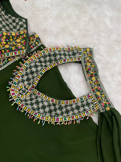 Designer Green Color Georgette With Embroidery Sequins Thread Work Lehenga Choli