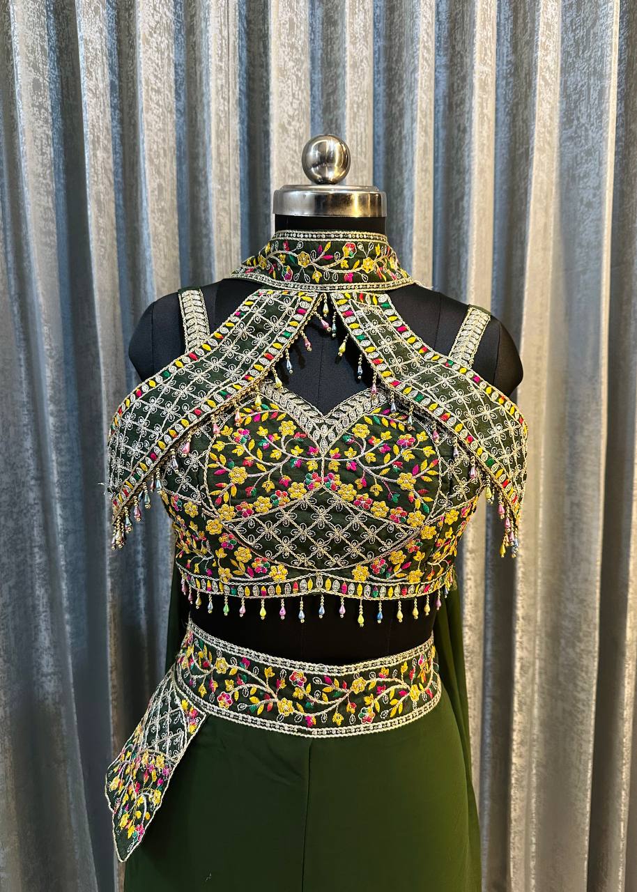 Designer Green Color Georgette With Embroidery Sequins Thread Work Lehenga Choli