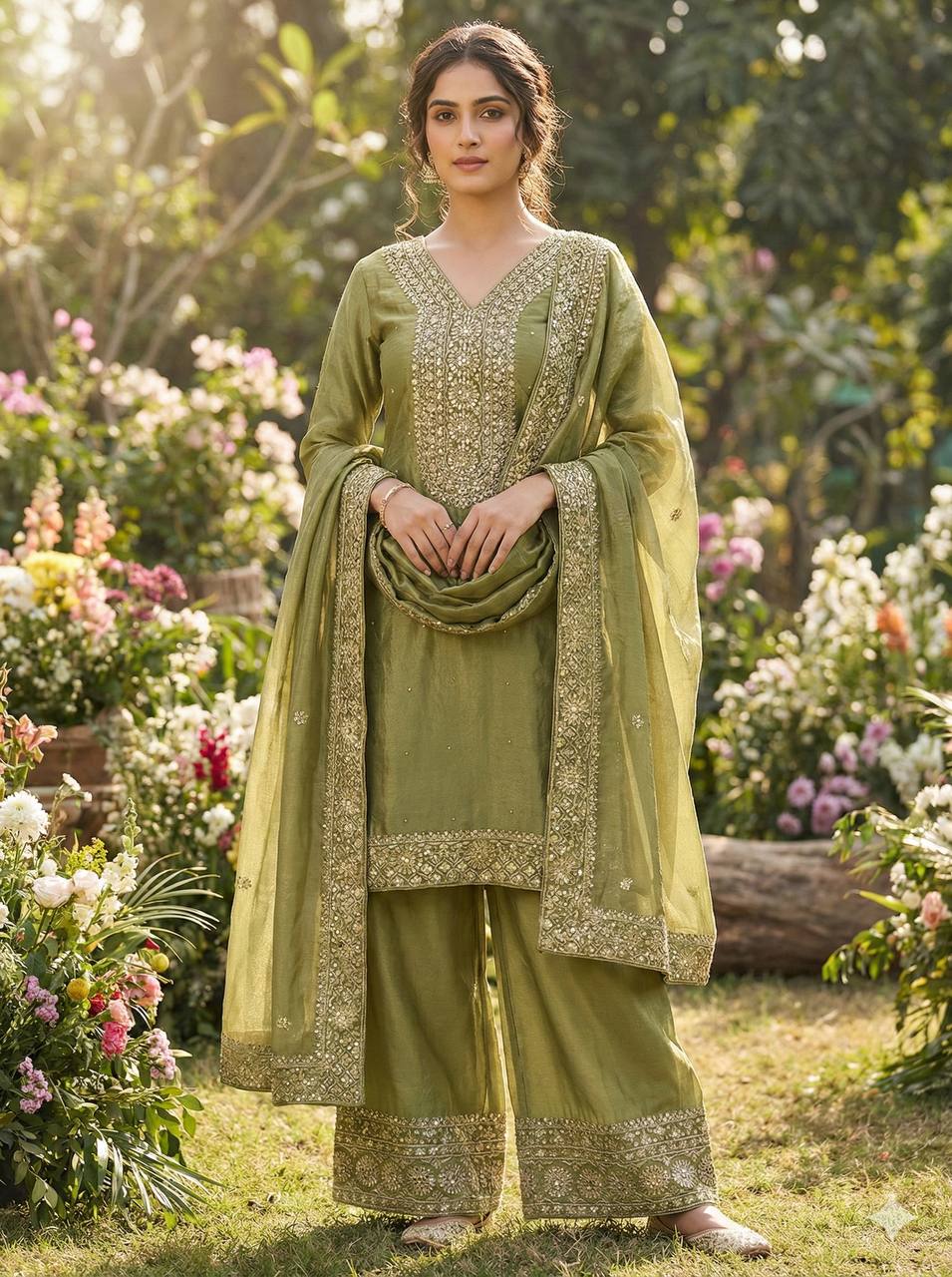 Green Color Embroidery Sequence And Hand Diamond Work Palazzo Suit