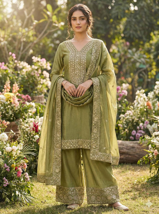 Green Color Embroidery Sequence And Hand Diamond Work Palazzo Suit
