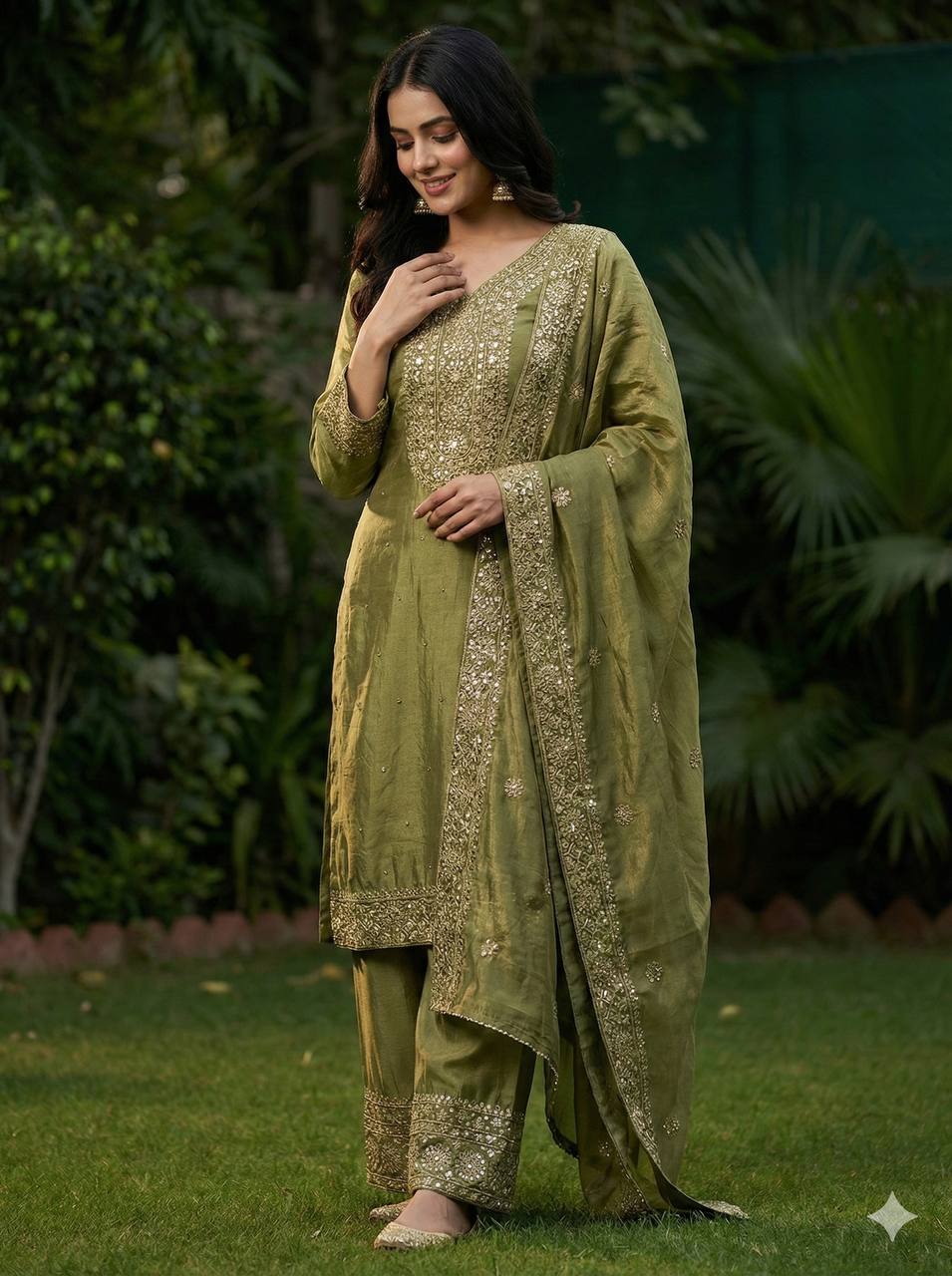 Green Color Embroidery Sequence And Hand Diamond Work Palazzo Suit