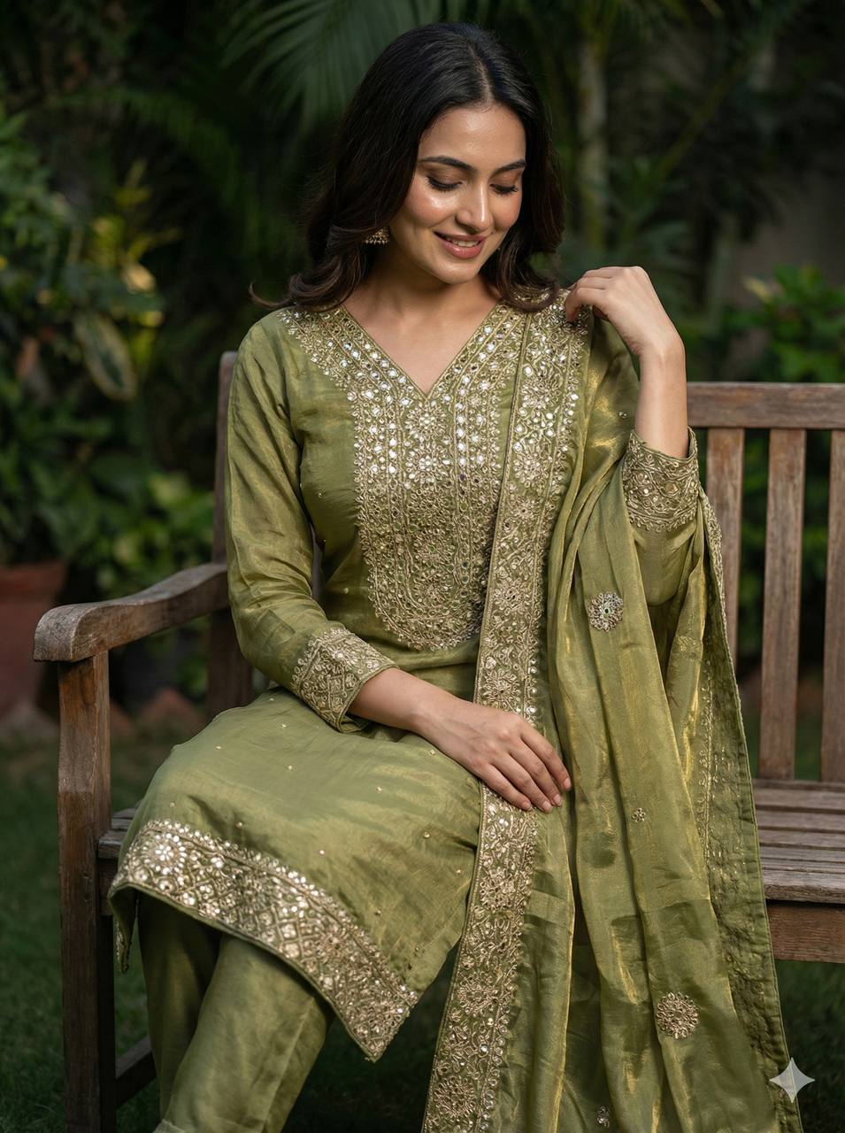 Green Color Embroidery Sequence And Hand Diamond Work Palazzo Suit