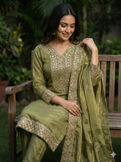 Green Color Embroidery Sequence And Hand Diamond Work Palazzo Suit