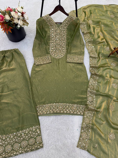Green Color Embroidery Sequence And Hand Diamond Work Palazzo Suit