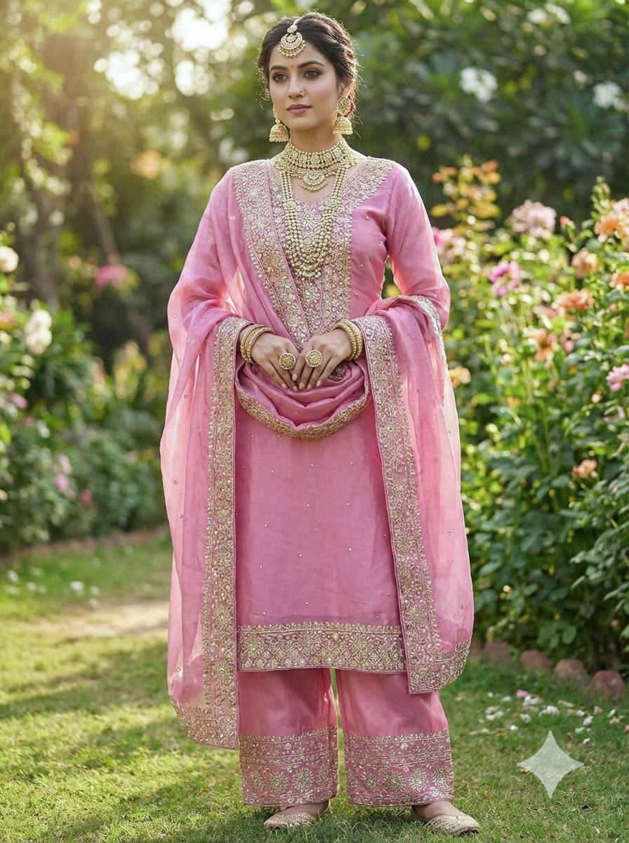 Pink Color Embroidery Sequence And Hand Diamond Work Palazzo Suit