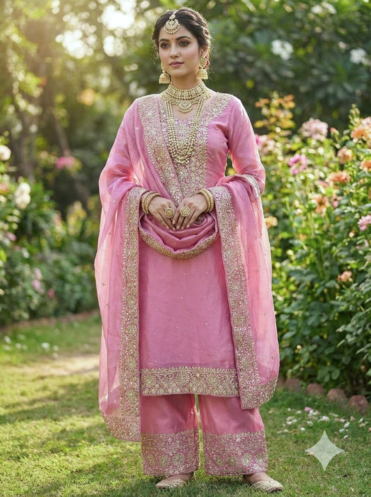 Pink Color Embroidery Sequence And Hand Diamond Work Palazzo Suit