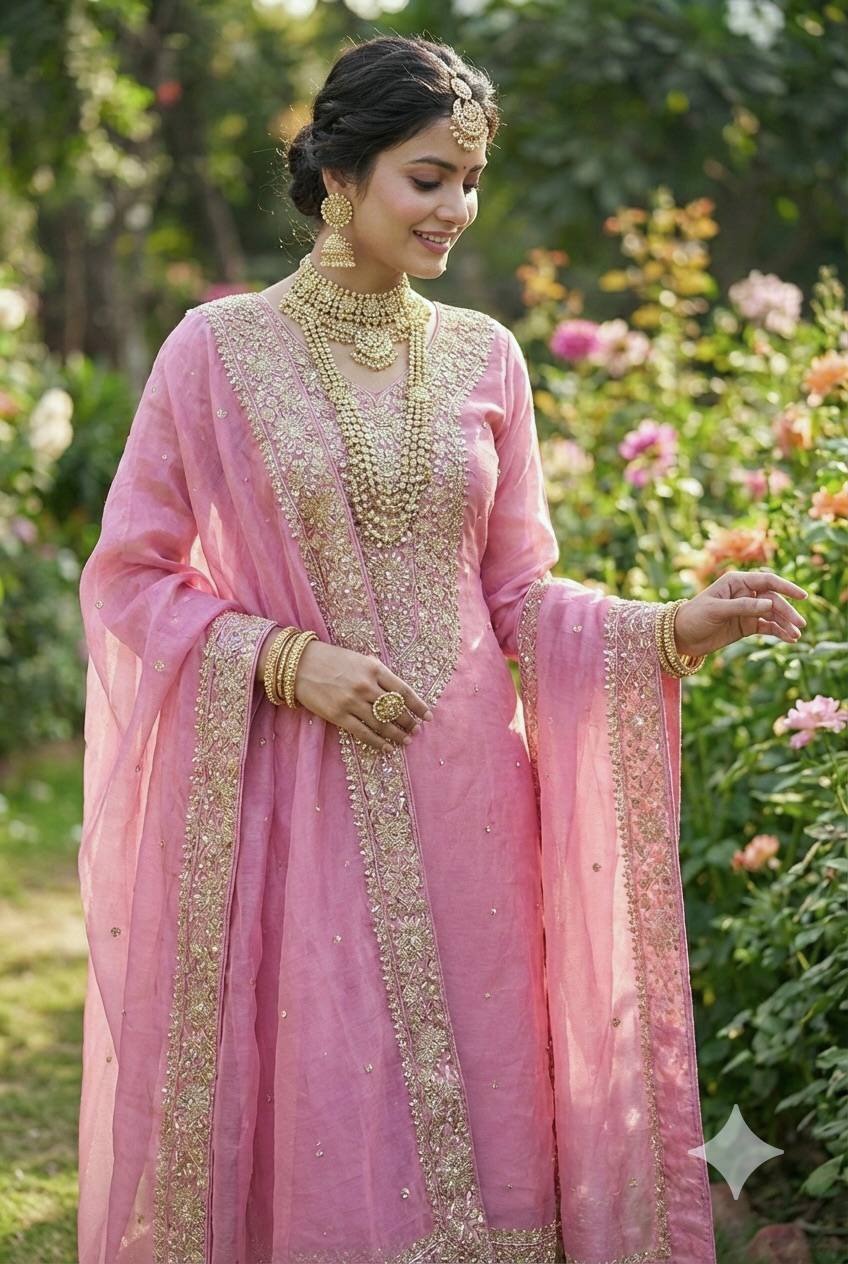 Pink Color Embroidery Sequence And Hand Diamond Work Palazzo Suit