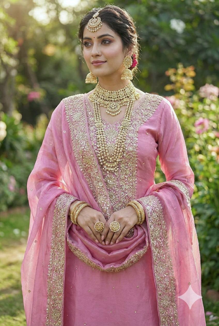 Pink Color Embroidery Sequence And Hand Diamond Work Palazzo Suit