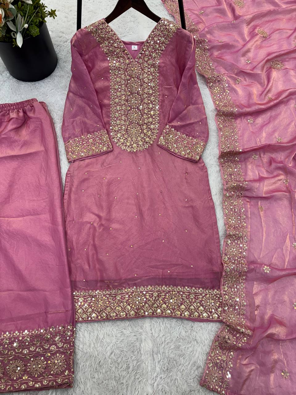 Pink Color Embroidery Sequence And Hand Diamond Work Palazzo Suit