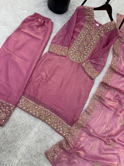 Pink Color Embroidery Sequence And Hand Diamond Work Palazzo Suit