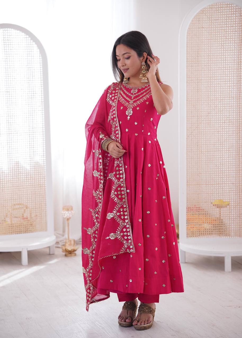 Ceremony Wear Pink Color Roman Silk Arti Chauhan Anarkali Gown Set