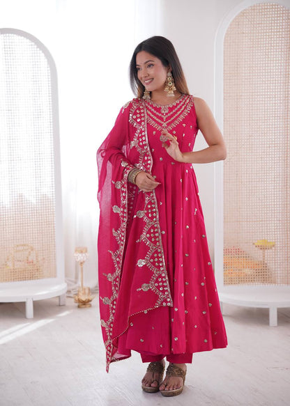 Ceremony Wear Pink Color Roman Silk Arti Chauhan Anarkali Gown Set