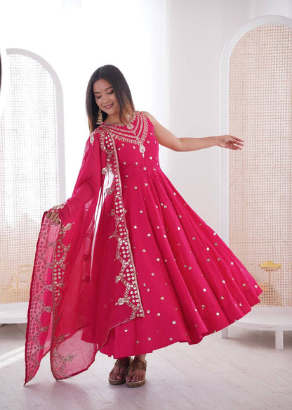 Ceremony Wear Pink Color Roman Silk Arti Chauhan Anarkali Gown Set