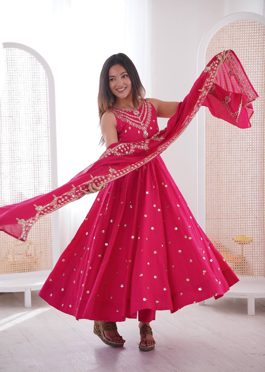 Ceremony Wear Pink Color Roman Silk Arti Chauhan Anarkali Gown Set