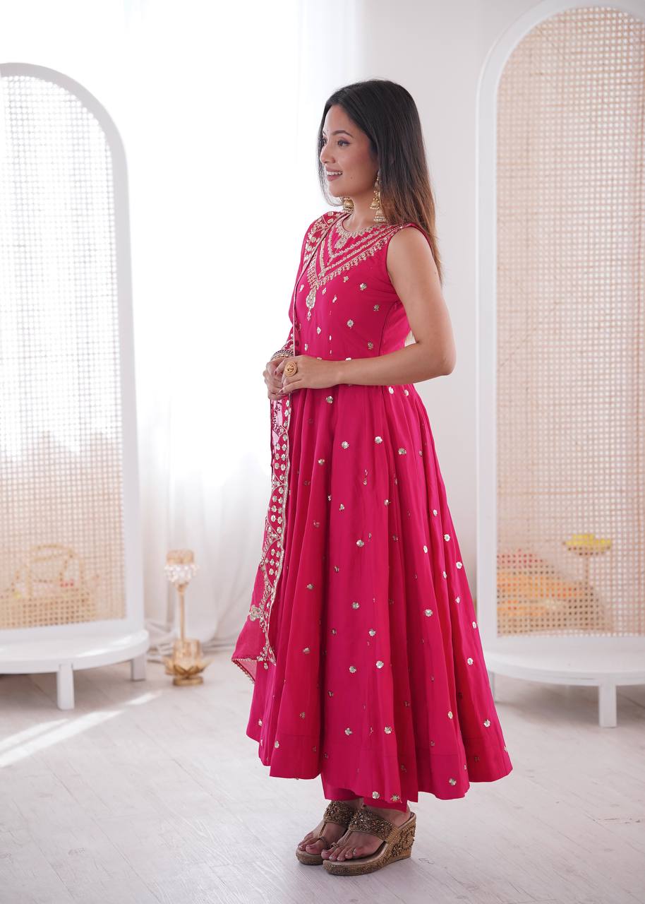 Ceremony Wear Pink Color Roman Silk Arti Chauhan Anarkali Gown Set