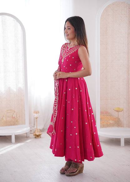 Ceremony Wear Pink Color Roman Silk Arti Chauhan Anarkali Gown Set