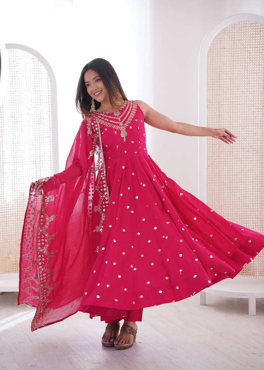 Ceremony Wear Pink Color Roman Silk Arti Chauhan Anarkali Gown Set